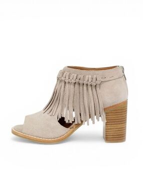 Sbicca Boho Hickory Beige Suede Leather Fringe Peep Toe Ankle Booties Size 9